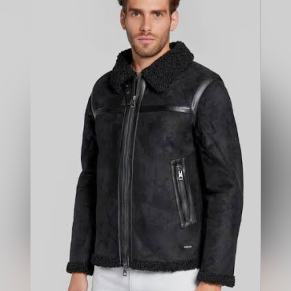 Men's ECO Faux-Shearling Suede Sherpa Jacket Large Black Aviator Pilot